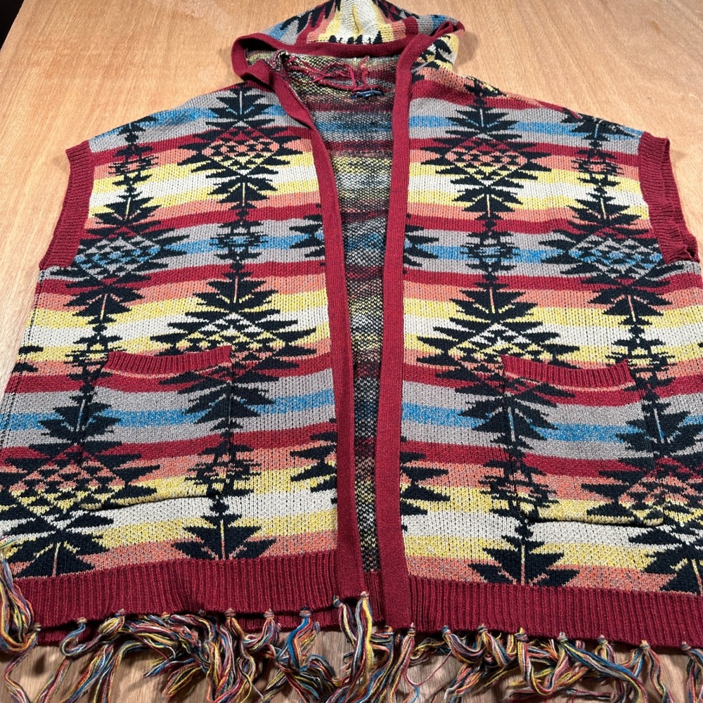American Eagle Hooded Aztec Fringe Sweater Vest Women's XS Boho Western